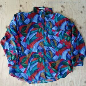 Vintage High Advantage Abstract Pattern Silk Long Sleeve Button Down Shirt